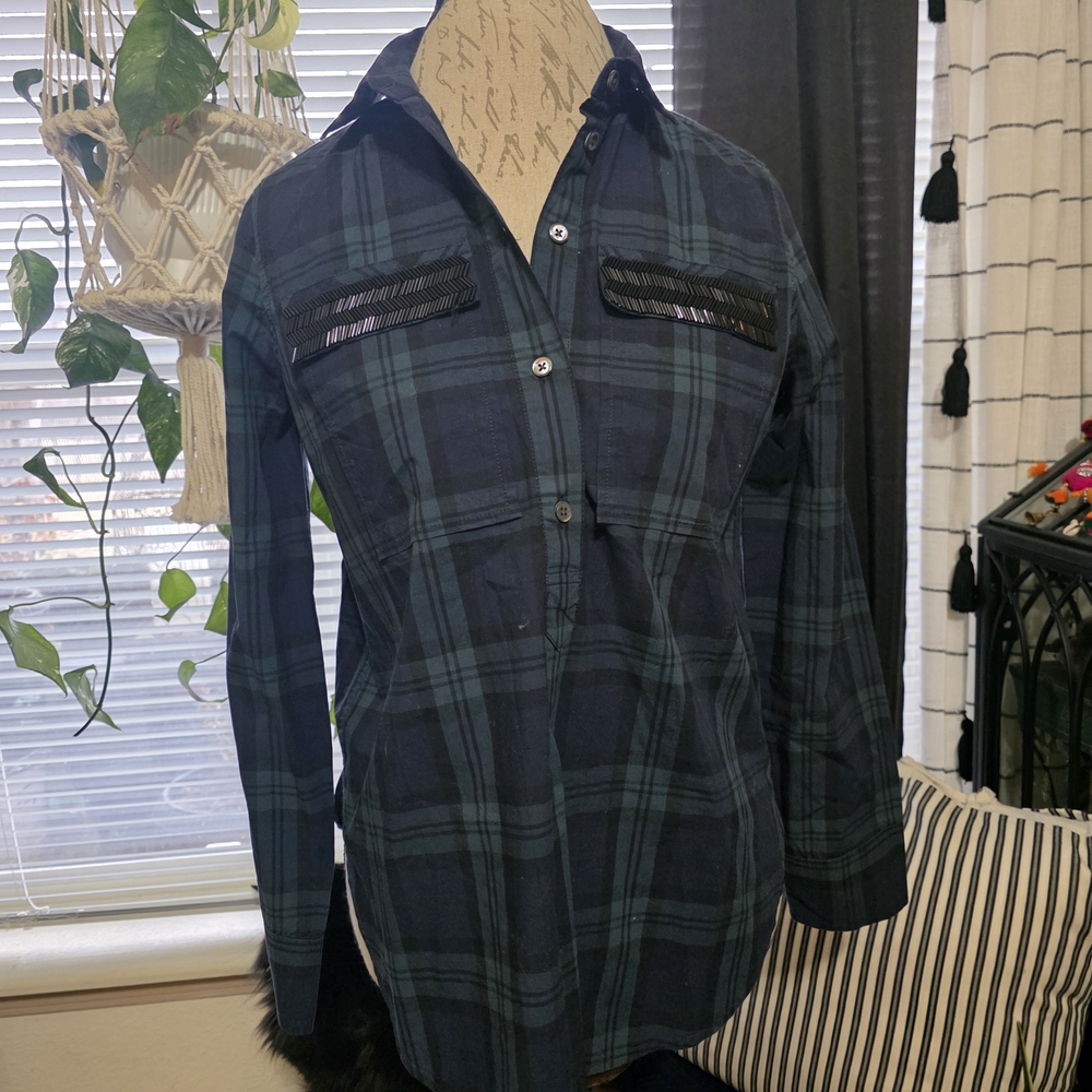 J. Crew Navy Plaid Button Down Long Sleeve Black Beaded Embellished Shirt